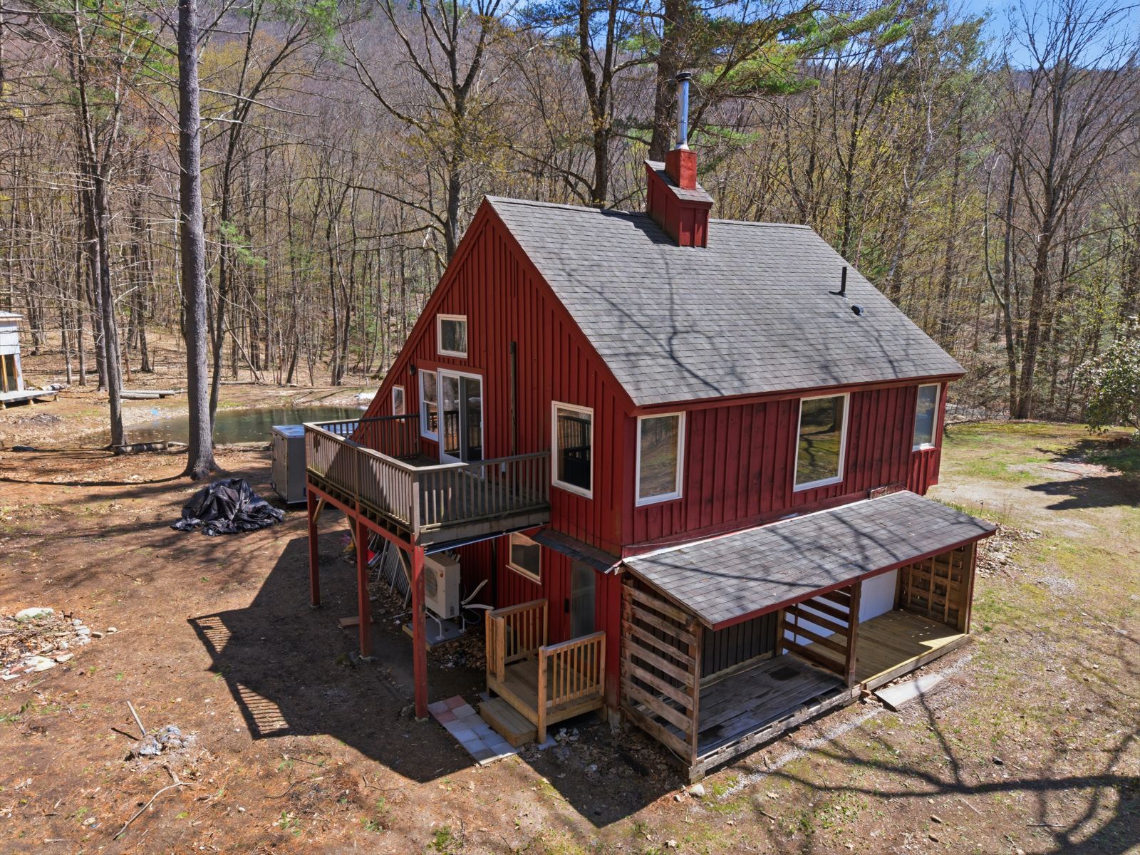 Aerial view of the chalet's deck and back porch