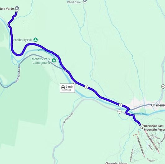 Map of the 9-minute drive from Joia Verde to Berkshire East Mountain Resort