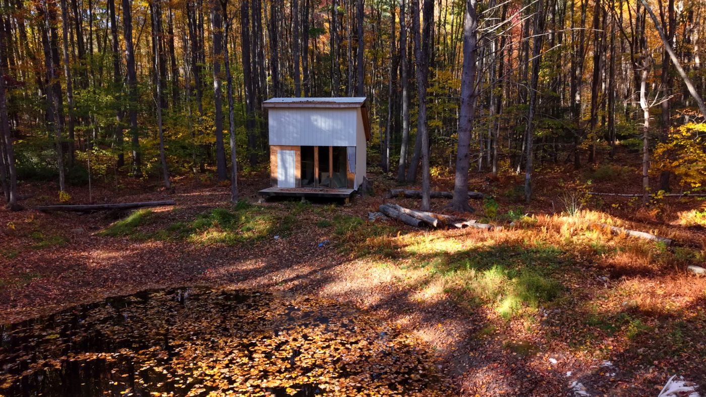 A small cabin beside the pond in the fall woods